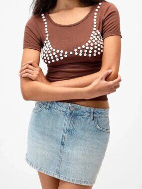 NWT Marbled buttons bikini top tee brown white
